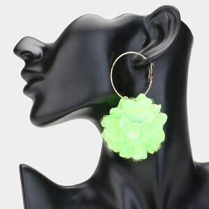 Gold & Lime Green Fabric Flower Statement Earrings